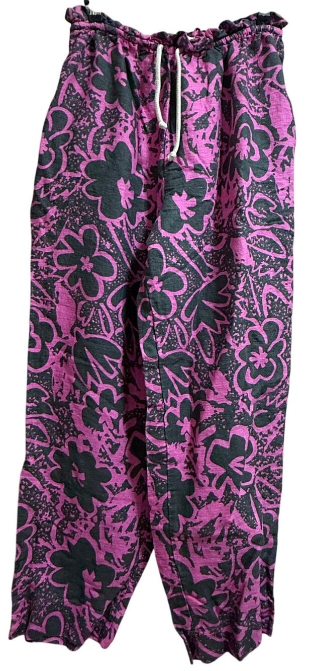 Back Beat Co. Size Medium Pink & Black Print Drawstring Pants - 100% Linen